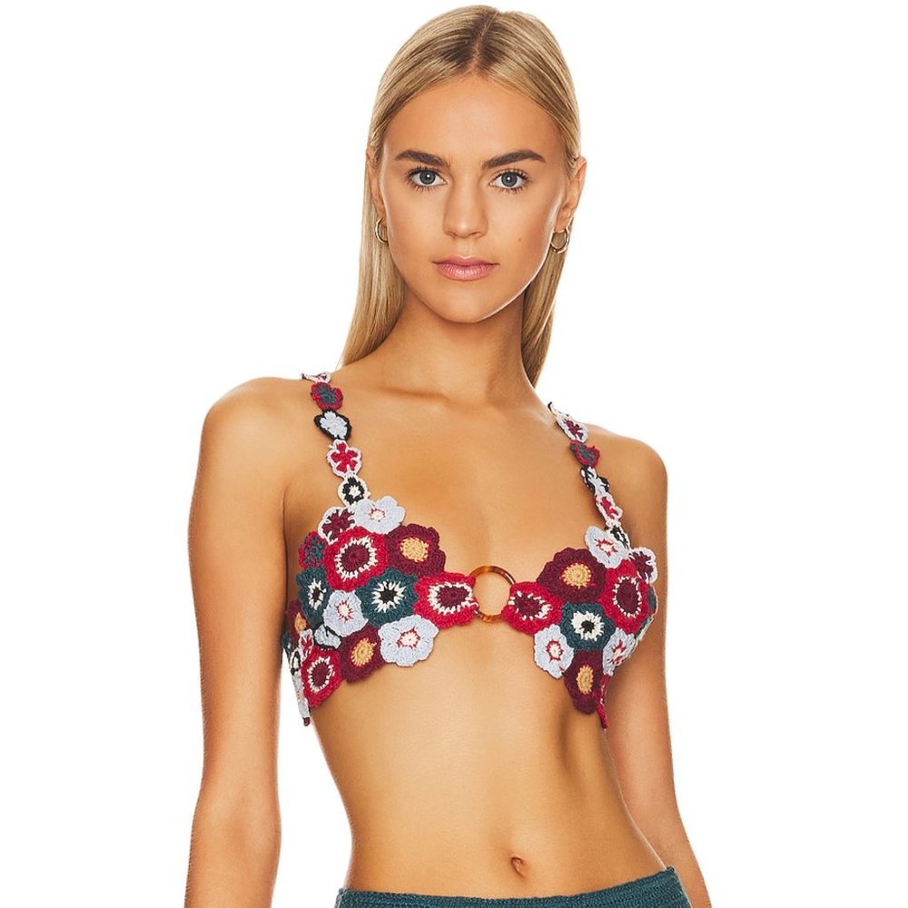 Agua Bendita Panay Crop Top in Multicolor Flower Hippie Crochet Bralette Bra
